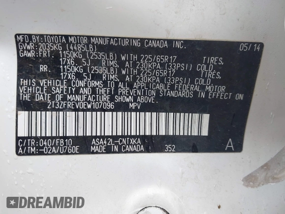 2014 Toyota RAV4 LE with VIN 2T3ZFREV0EW107096, listed as a IAAI auction lot 42627066 with 132,349 mi miles and . Bid and sale history available at DreamBid. Image 9.
