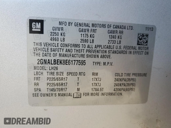 2014 Chevrolet Equinox LT with VIN 2GNALBEK8E6177595, listed as a Copart auction lot 55504055 with 134,615 mi miles and Clean Title. Bid and sale history available at carsss.com. Image 13.