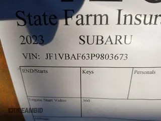 2023 Subaru WRX Premium with VIN JF1VBAF63P9803673, listed as a IAAI auction lot 41681340 with Not provided miles and . Bid and sale history available at DreamBid. Image 9.