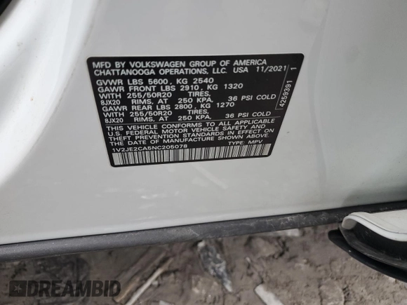 2022 Volkswagen Atlas SE с VIN 1V2JE2CA5NC205078, выставлен на аукционе Copart как лот 81127324 с пробегом Не указан миль и Списание • Salvage title. История ставок и продаж доступна на DreamBid. Изображение 13.
