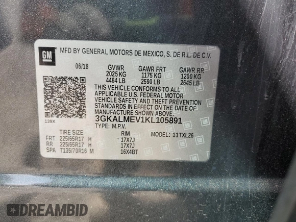 2019 GMC Terrain SLE with VIN 3GKALMEV1KL105891, listed as a Copart auction lot 49798665 with 50,249 mi miles and Salvage Title. Bid and sale history available at carsss.com. Image 13.