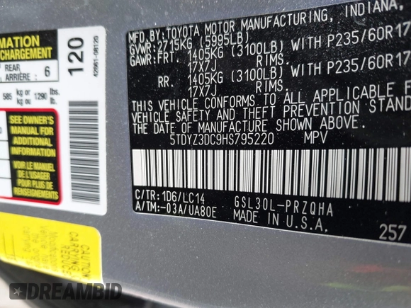 2017 Toyota Sienna XLE Auto Access Seat with VIN 5TDYZ3DC9HS795220, listed as a IAAI auction lot 41641227 with 86,336 mi miles and . Bid and sale history available at DreamBid. Image 9.