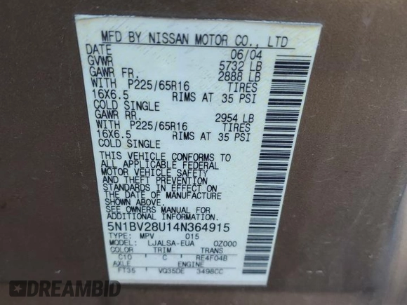 2004 Nissan Quest SE with VIN 5N1BV28U14N364915, listed as a Copart auction lot 87873035 with 190,086 mi miles and Salvage Title. Bid and sale history available at carsss.com. Image 15.
