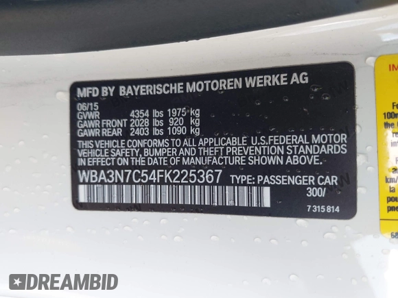 2015 BMW 4 Series 428i with VIN WBA3N7C54FK225367, listed as a IAAI auction lot 41958685 with 142,104 mi miles. Bid and sale history available at carsss.com. Image 9.