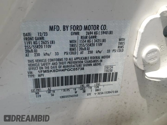 2023 Ford Explorer XLT with VIN 1FMSK8DH4PGC05738, listed as a Copart auction lot 60815665 with 16,313 mi miles and Salvage title. Bid and sale history available at DreamBid. Image 13.