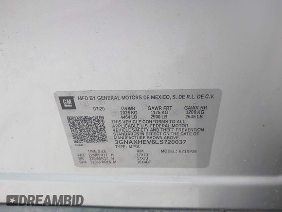 2020 Chevrolet Equinox LS with VIN 3GNAXHEV6LS720037, listed as a IAAI auction lot 41967086 with 68,000 mi miles and . Bid and sale history available at DreamBid. Image 9.