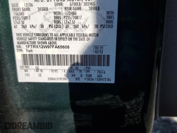2007 Ford F-150 STX with VIN 1FTRX12W97FA65608, listed as a Copart auction lot 83752084 with 121,052 mi miles and Salvage Title. Bid and sale history available at DreamBid. Image 12.