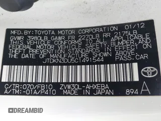 2012 Toyota Prius One z VIN JTDKN3DU5C1491544, wystawiony jako IAAI lot #42428387 z przebiegiem 169 766 mil mil oraz . Historia ofert i sprzedaży dostępna na DreamBid. Obrazek 9.