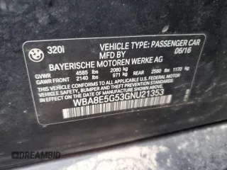 2016 BMW 3 Series 320i xDrive with VIN WBA8E5G53GNU21353, listed as a Copart auction lot 46501085 with 0 mi miles and Salvage Title. Bid and sale history available at carsss.com. Image 12.