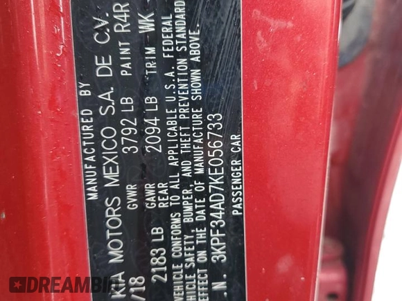 2019 Kia Forte S z VIN 3KPF34AD7KE056733, wystawiony jako Copart lot #54431675 z przebiegiem Nie podano mil oraz Szkoda całkowita • Salvage title. Historia ofert i sprzedaży dostępna na DreamBid. Obrazek 13.
