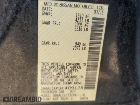 2015 Nissan Altima SV with VIN 1N4AL3AP1FC409128, listed as a Copart auction lot 86765124 with 218,248 mi miles and Salvage Title. Bid and sale history available at DreamBid. Image 12.