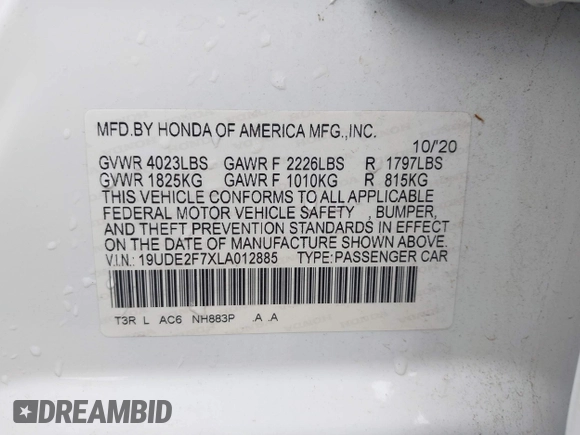 2020 Acura ILX Premium with VIN 19UDE2F7XLA012885, listed as a IAAI auction lot 42457684 with 43,296 mi miles and . Bid and sale history available at DreamBid. Image 9.