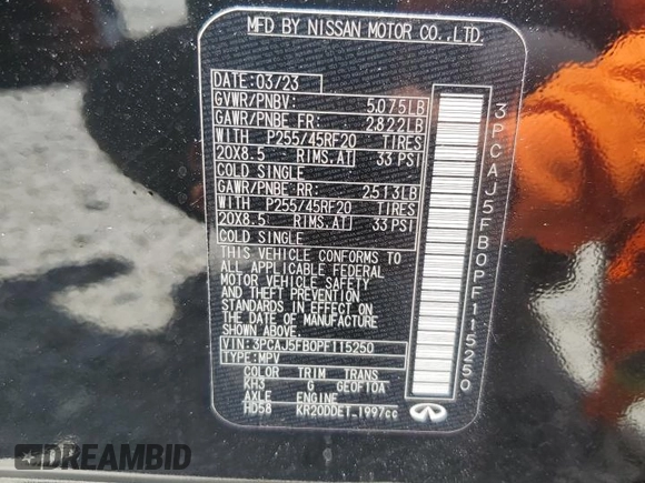 2023 Infiniti QX50 Sport with VIN 3PCAJ5FB0PF115250, listed as a Copart auction lot 56046004 with 17,100 mi miles and . Bid and sale history available at DreamBid. Image 15.