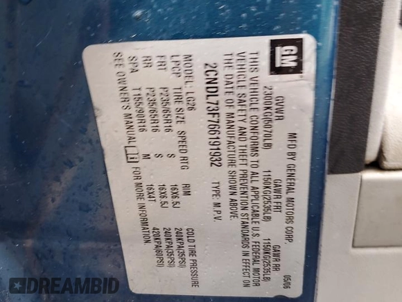2006 Chevrolet Equinox LT z VIN 2CNDL73F766191932, wystawiony jako Copart lot #55646155 z przebiegiem 268 206 mil mil oraz Szkoda całkowita • Salvage title. Historia ofert i sprzedaży dostępna na DreamBid. Obrazek 13.