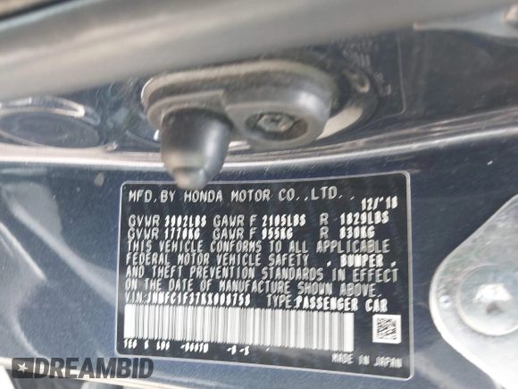 2019 Honda Civic EX z VIN JHMFC1F37KX008758, wystawiony jako IAAI lot #42077196 z przebiegiem Nie podano mil oraz . Historia ofert i sprzedaży dostępna na DreamBid. Obrazek 9.