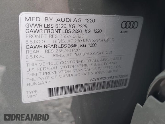 2021 Audi Q3 S line Premium with VIN WA1DECF39M1072069, listed as a Copart auction lot 56298265 with 35,763 mi miles and Salvage title. Bid and sale history available at DreamBid. Image 14.
