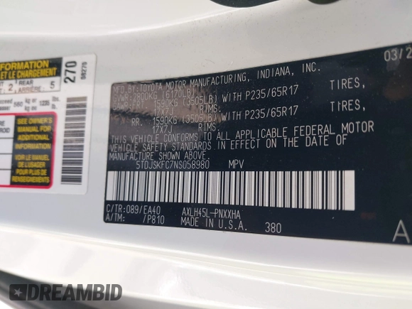 2022 Toyota Sienna XLE с VIN 5TDJSKFC7NS058980, выставлен на аукционе IAAI как лот 41815969 с пробегом 45 550 миль миль и . История ставок и продаж доступна на DreamBid. Изображение 9.