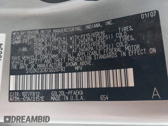 2007 Toyota Sienna CE with VIN 5TDZK23C87S020782, listed as a IAAI auction lot 42179031 with 113,570 mi miles and . Bid and sale history available at DreamBid. Image 9.