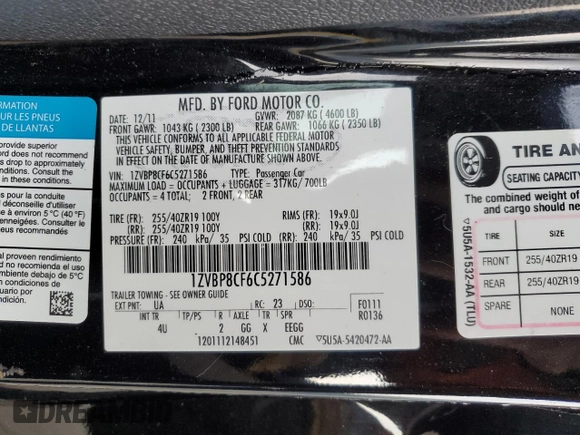 2012 Ford Mustang GT Premium with VIN 1ZVBP8CF6C5271586, listed as a Copart auction lot 83878894 with 101,016 mi miles and Salvage Title. Bid and sale history available at DreamBid. Image 13.