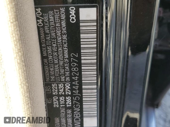 2004 Mercedes-Benz S-Class 5.0L with VIN WDBNG75J44A428972, listed as a Copart auction lot 47454035 with 2,558 mi miles and Salvage Title. Bid and sale history available at carsss.com. Image 12.
