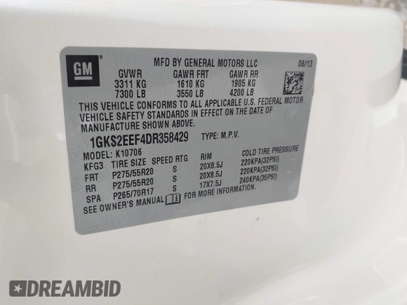 2013 GMC Yukon Denali z VIN 1GKS2EEF4DR358429, wystawiony jako IAAI lot #42182845 z przebiegiem 161 020 mil mil oraz . Historia ofert i sprzedaży dostępna na DreamBid. Obrazek 9.