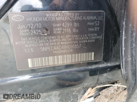 2011 Hyundai Sonata SE with VIN 5NPEC4AC4BH091857, listed as a Copart auction lot 43937185 with 172,306 mi miles and Non Repairable. Bid and sale history available at carsss.com. Image 12.