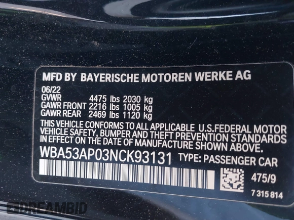2022 BMW 4 Series 430i with VIN WBA53AP03NCK93131, listed as a IAAI auction lot 41349992 with 15,346 mi miles and . Bid and sale history available at carsss.com. Image 9.