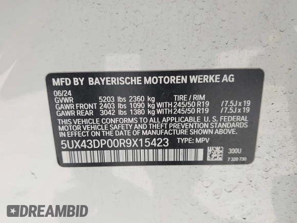 2024 BMW X3 sDrive30i with VIN 5UX43DP00R9X15423, listed as a IAAI auction lot 41866754 with 5,548 mi miles and . Bid and sale history available at DreamBid. Image 9.