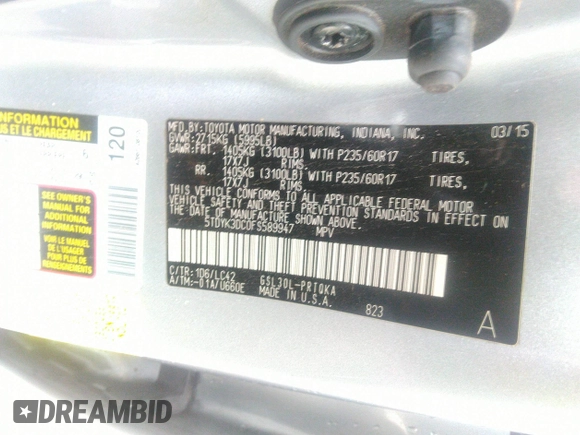 2015 Toyota Sienna XLE with VIN 5TDYK3DC0FS589947, listed as a IAAI auction lot 36567379 with 130,969 mi miles and . Bid and sale history available at DreamBid. Image 9.