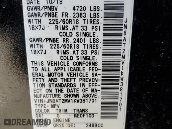 2019 Nissan Rogue SV with VIN JN8AT2MV1KW381701, listed as a Copart auction lot 49676375 with 104,157 mi miles and Salvage Title. Bid and sale history available at carsss.com. Image 14.