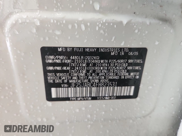 2015 Subaru Forester 2.5i with VIN JF2SJABC4FH823531, listed as a Copart auction lot 61083875 with 151,971 mi miles and Salvage title. Bid and sale history available at DreamBid. Image 13.