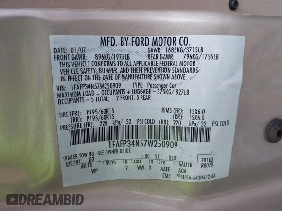 2007 Ford Focus S с VIN 1FAFP34N57W250909, выставлен на аукционе IAAI как лот 42457309 с пробегом 195 440 миль миль и . История ставок и продаж доступна на DreamBid. Изображение 9.