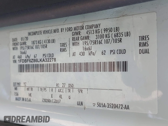 2020 Ford Transit z VIN 1FDBF6Z86LKA32278, wystawiony jako IAAI lot #42511403 z przebiegiem 94 821 mil mil oraz . Historia ofert i sprzedaży dostępna na DreamBid. Obrazek 9.