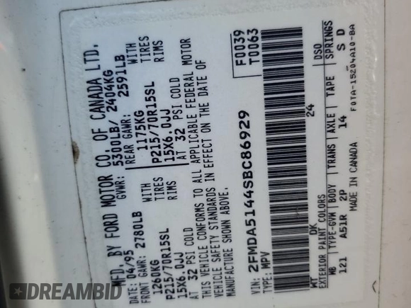 1995 Ford Windstar GL z VIN 2FMDA5144SBC86929, wystawiony jako Copart lot #75425004 z przebiegiem Nie podano mil oraz Szkody całkowita. Historia ofert i sprzedaży dostępna na DreamBid. Obrazek 14.