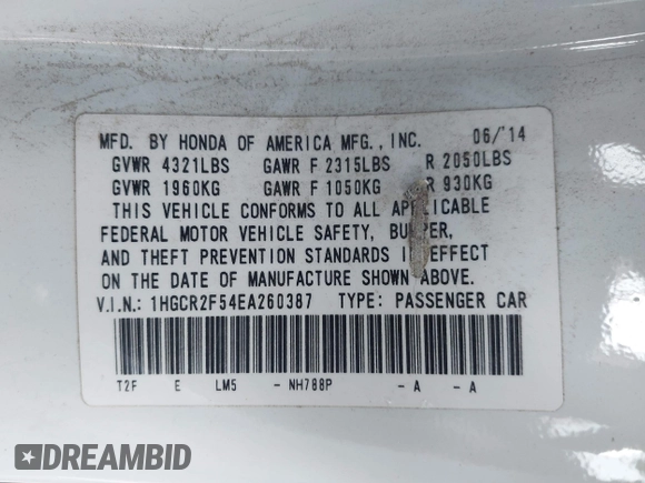 2014 Honda Accord Sedan Sport with VIN 1HGCR2F54EA260387, listed as a IAAI auction lot 42004253 with 79,200 mi miles. Bid and sale history available at carsss.com. Image 9.