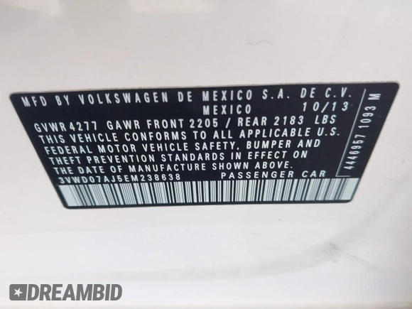 2014 Volkswagen Jetta Sedan SE w/Connectivity with VIN 3VWD07AJ5EM238638, listed as a IAAI auction lot 41518500 with 211,243 mi miles. Bid and sale history available at carsss.com. Image 9.