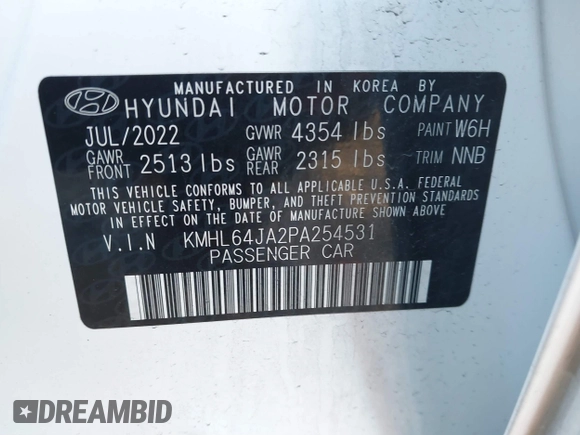 2023 Hyundai Sonata SEL with VIN KMHL64JA2PA254531, listed as a IAAI auction lot 41810398 with 24,441 mi miles and . Bid and sale history available at DreamBid. Image 9.