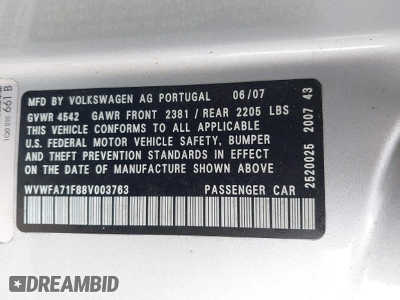 2008 Volkswagen Eos Lux with VIN WVWFA71F88V003763, listed as a IAAI auction lot 42075912 with 157,667 mi miles and . Bid and sale history available at DreamBid. Image 9.