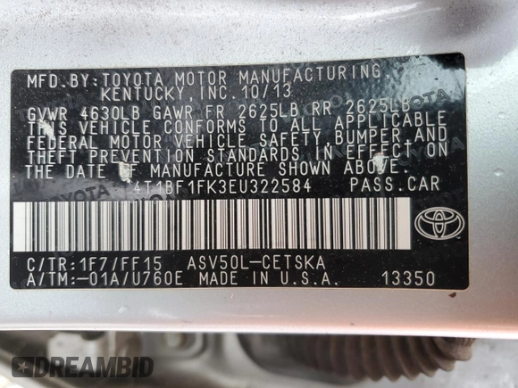 2014 Toyota Camry L with VIN 4T1BF1FK3EU322584, listed as a Copart auction lot 50175905 with 183,749 mi miles and Salvage Title. Bid and sale history available at DreamBid. Image 12.