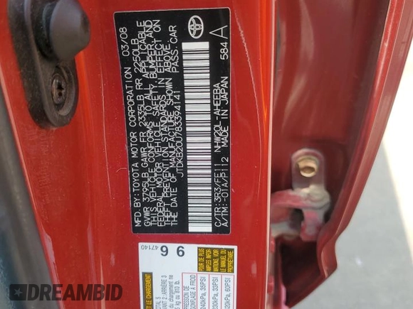 2008 Toyota Prius z VIN JTDKB20U783394141, wystawiony jako Copart lot #59437335 z przebiegiem 246 342 mil mil oraz Czysty tytuł • Clean title. Historia ofert i sprzedaży dostępna na DreamBid. Obrazek 12.