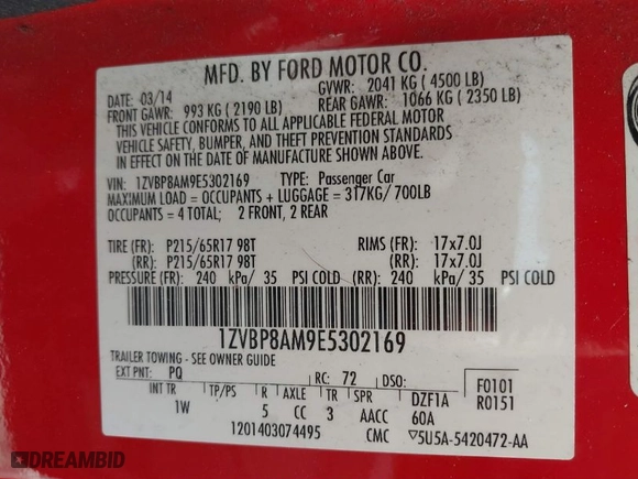 2014 Ford Mustang V6 with VIN 1ZVBP8AM9E5302169, listed as a IAAI auction lot 41811649 with 127,487 mi miles. Bid and sale history available at carsss.com. Image 9.