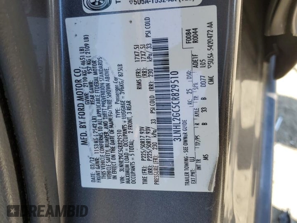 2012 Lincoln MKZ with VIN 3LNHL2GC5CR829510, listed as a Copart auction lot 45979545 with 46,495 mi miles and Salvage Title. Bid and sale history available at carsss.com. Image 12.