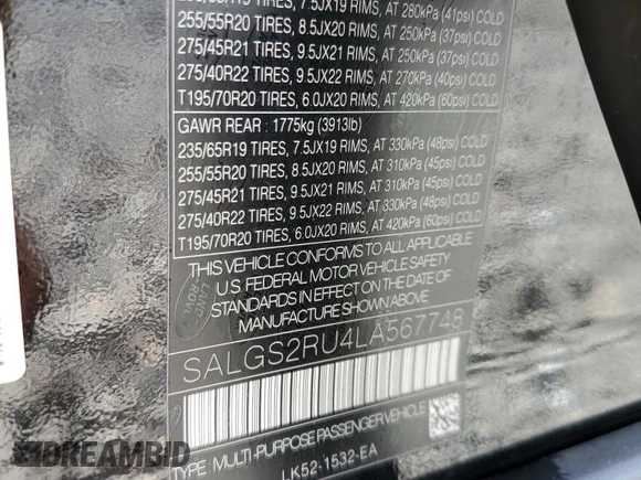 2020 Land Rover Range Rover HSE z VIN SALGS2RU4LA567748, wystawiony jako Copart lot #56353605 z przebiegiem 54 595 mil mil oraz Szkoda całkowita • Salvage title. Historia ofert i sprzedaży dostępna na DreamBid. Obrazek 14.