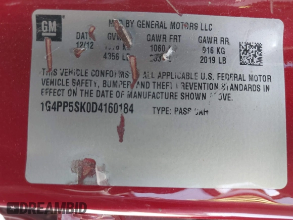 2013 Buick Verano with VIN 1G4PP5SK0D4160184, listed as a IAAI auction lot 41929089 with Not Provided miles. Bid and sale history available at carsss.com. Image 9.