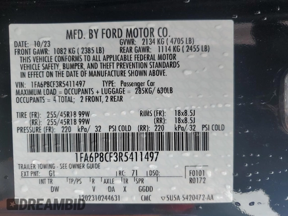2024 Ford Mustang GT with VIN 1FA6P8CF3R5411497, listed as a Copart auction lot 55979545 with 6,607 mi miles and Salvage title. Bid and sale history available at DreamBid. Image 12.