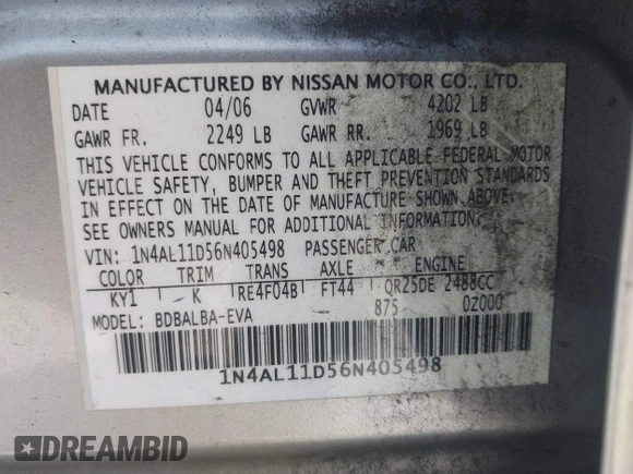 2006 Nissan Altima S with VIN 1N4AL11D56N405498, listed as a IAAI auction lot 42082567 with 228,463 mi miles and . Bid and sale history available at DreamBid. Image 9.