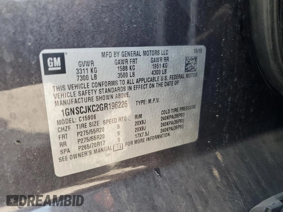 2016 Chevrolet Suburban LTZ with VIN 1GNSCJKC2GR196226, listed as a Copart auction lot 58443695 with 174,035 mi miles and Clean title. Bid and sale history available at DreamBid. Image 13.