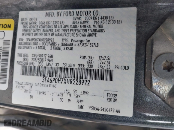 2017 Ford Fusion SE with VIN 3FA6P0H7XHR228922, listed as a IAAI auction lot 42162345 with 186,000 mi miles and . Bid and sale history available at DreamBid. Image 9.
