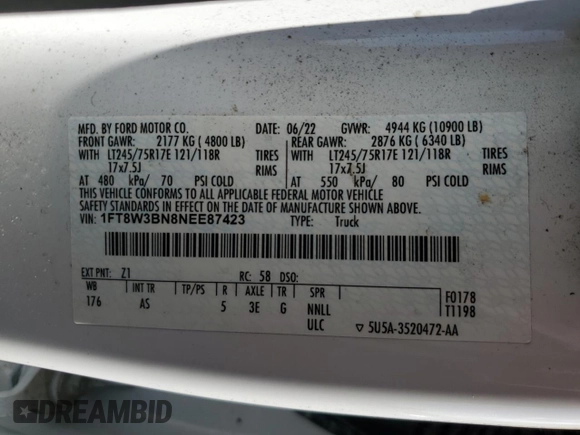 2022 Ford F-350 XL z VIN 1FT8W3BN8NEE87423, wystawiony jako Copart lot #84142464 z przebiegiem 42 202 mil mil oraz Szkoda całkowita • Salvage title. Historia ofert i sprzedaży dostępna na DreamBid. Obrazek 15.