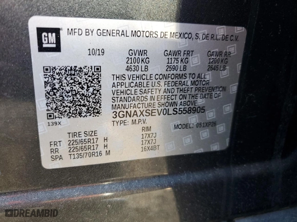 2020 Chevrolet Equinox LS with VIN 3GNAXSEV0LS558905, listed as a Copart auction lot 48924265 with 79,001 mi miles and Salvage Title. Bid and sale history available at carsss.com. Image 13.